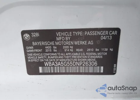 2013 BMW 328I z USA, uszkodzony, nr VIN WBA3A5G55DNP26306